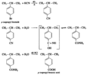 Write reaction showing conversion of p- bromoisopropyl benzene into p-Isopropyl benzoic acid ( 3 steps).
